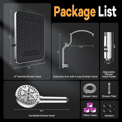 Hibbent 13'' Rain Showerhead Combo, 10 Mode Filtered Handheld Spray, Chrome | High Pressure 5-Spray Showerhead, 4-way Diverter, Upgraded Heightened All Metal Extension Arm, 71'' Hose & Holder, Easy Reach