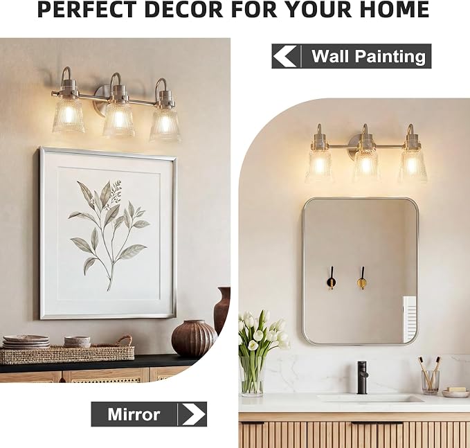 Brushed Nickel Bathroom Light Fixtures, 18.8 Inch Modern Vintage Vanity Lights with Clear Striped Glass Shade, 3-Light Bathroom Wall Sconce Over Mirror for Entryway Bedroom
