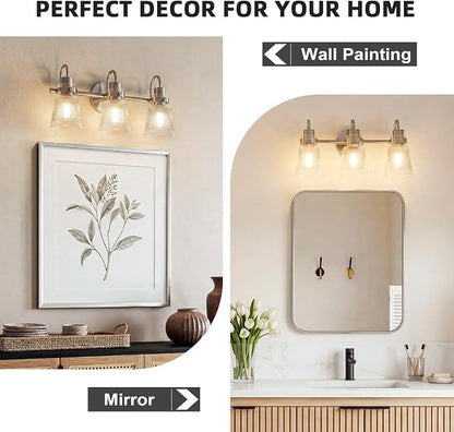 Brushed Nickel Bathroom Light Fixtures, 18.8 Inch Modern Vintage Vanity Lights with Clear Striped Glass Shade, 3-Light Bathroom Wall Sconce Over Mirror for Entryway Bedroom