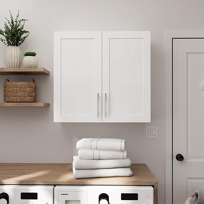 Prepac Elite 32'' Bathroom Wall Cabinet with Panel Doors, Wood Kitchen Pantry Cabinet, Wall Hanging Laundry Room Cupboard with 1 Adjustable Shelf for Kitchen, Laundry Room and Bathroom, White