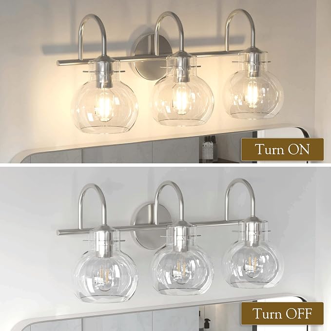 Bathroom Light Fixtures Brushed Nickel 3 Light Bathroom Lights Over Mirror with Clear Glass Shade Brushed Nickel Modern Wall Sconces Vanity Light for Bathroom UL Listed | Modern,Wall Sconce,Globe Glass Shade,E26 Base,UL Certified,Anti-Rust,Damp Rated,B...