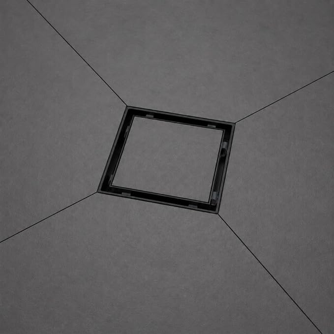 4 Inch Tile-in Square Shower Floor Drain, Matte Black | SUS 304 Stainless Steel, Removable Grate & Hair Strainer Design, for Bathroom, Kitchen, Balcony, Garage, Basement, Toilet