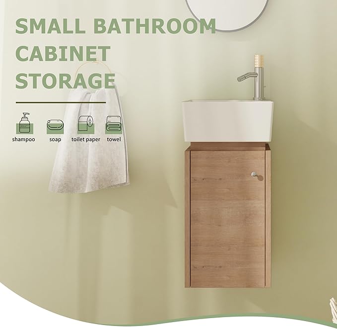 12" Bathroom Vanity with Sink, 12 Inch Floating Bathroom Vanity for Small Space, Modern Bathroom Vanity, Brown Wall Mounted Cabinet Set (045-IMO, IMO-12''Wx12''D)