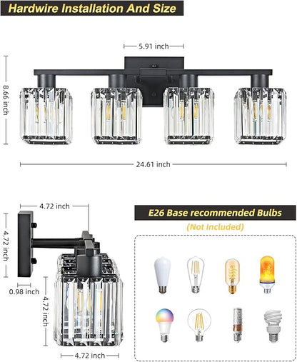4-Light Bathroom Light Fixtures, Modern Black Crystal Wall Light for Bathroom,Lighting Fixtures Over Mirror