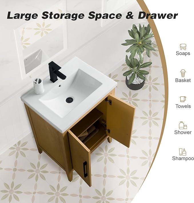 HomeBeyond 24 Inch Bathroom Vanity with Sink & Ceramic Top, Single Vanity Cabinet with Basin, Soft-Closing Doors & Matte Black Hardware, Natural Oak