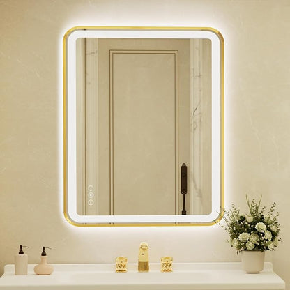 36x48 Inch LED Bathroom Mirror with Gold Frame,Front and Backlit Vanity Mirror, Stepless Dimmable Wall Mirrors with Anti-Fog, 3 Colors, Memory, Waterproof, LED Smart Bathroom Mirror