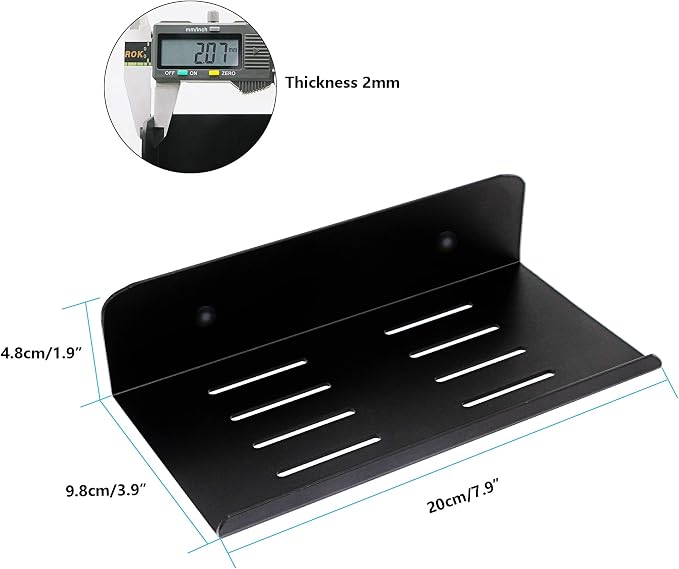 SinLoon 7.8 Inch Small Shelf in Flat Satin Aluminum Bathroom Shelf Wall Mount for Small Speaker Smartphone, Tablet, Toiletries Black 2 Pack
