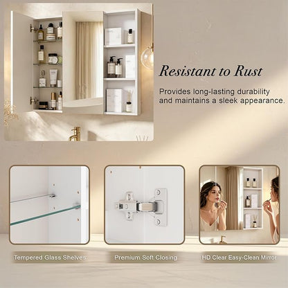 FKWin Double Door Medicine Cabinet Mirror, Wall Mount Bathroom Cabinet | Double Door Modern Surface Mount Medicine Cabinet, More Storage, Adjustable Shelves, Soft Close Hinges, White, 33x29 Inch