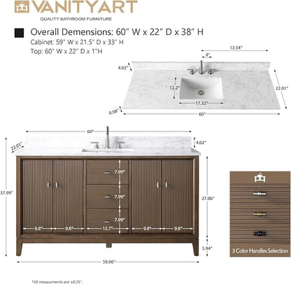 Vanity Art 60" Bathroom Vanity with Single Sink & Arabescato White Engineered Stone Top, Vanity Cabinet with Soft Closing Door, Solid Wood Frame, Golden Brushed Handles, Walnut VA8160S-Walnut-GB