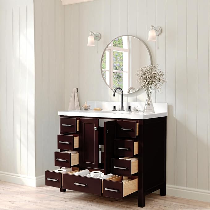 ARIEL Cambridge 42-inch Bathroom Vanity with Sink,Solid Wood, 1.5-inch Pure White Quartz Countertop & Backsplash, Single Oval Porcelain Sink, 2 Soft Closing Doors, 9 Dovetail Drawers, Espresso