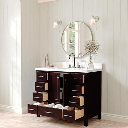 ARIEL Cambridge 42-inch Bathroom Vanity with Sink,Solid Wood, 1.5-inch Pure White Quartz Countertop & Backsplash, Single Oval Porcelain Sink, 2 Soft Closing Doors, 9 Dovetail Drawers, Espresso
