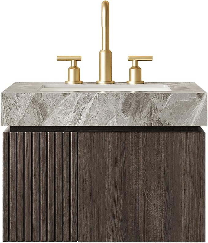 KEIKI 24 Inch Floating Bathroom Vanity with Sink, Espresso & Grey | Modern Wall Mounted Storage Cabinet with 2 Doors, Pre-assembled Wood Panels, Sintered Stone Top & Ceramic Basin Combo Set