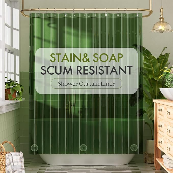 Bathway Shower Curtain Liner, Clear Shower Curtain Liner Green 72x72 PEVA Waterproof Shower Curtain Liner Plastic with 3 Magnets and 12 Rustproof Metal Grommets, Lightweight Shower Liner for Bathroom