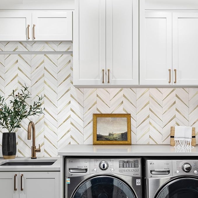 STICKGOO Herringbone Tile Peel and Stick Backsplash for Kitchen&Bathroom | 10-Sheet Self Adhesive Wall Tiles, Dolomite White Mixed Light Gold PVC Stick on Backsplash Tile for Kitchen,Bathroom
