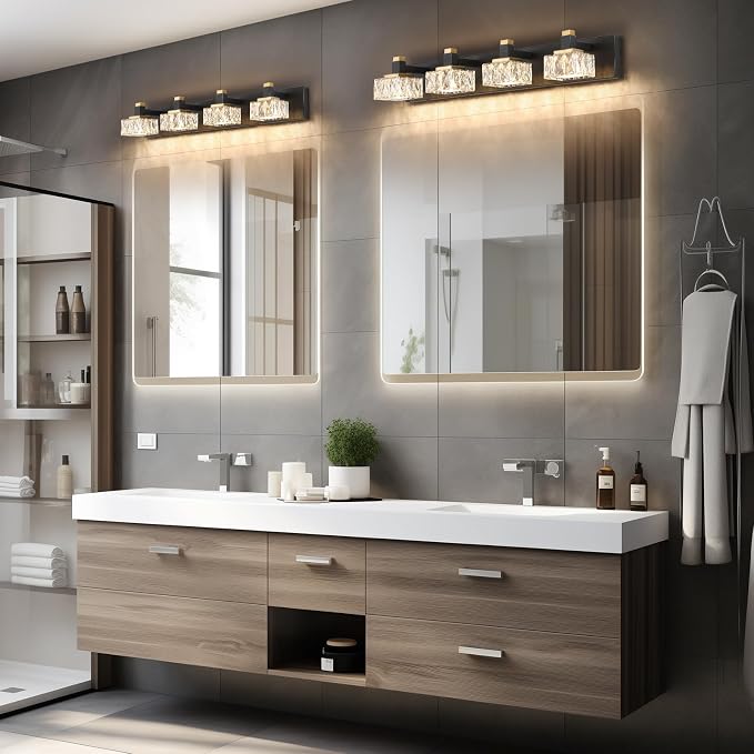 Bathroom Vanity Lights Over Mirror,4-Light Dimmable 5CCT Led Vanity Lights Black Gold Crystal Wall Sconce Lighting 29.92 inches Modern Vanity Light for Bathroom,Bedroom,Living room(3000K-6000K）