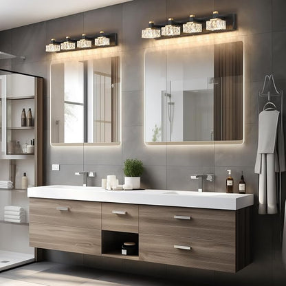 Bathroom Vanity Lights Over Mirror,4-Light Dimmable 5CCT Led Vanity Lights Black Gold Crystal Wall Sconce Lighting 29.92 inches Modern Vanity Light for Bathroom,Bedroom,Living room(3000K-6000K）