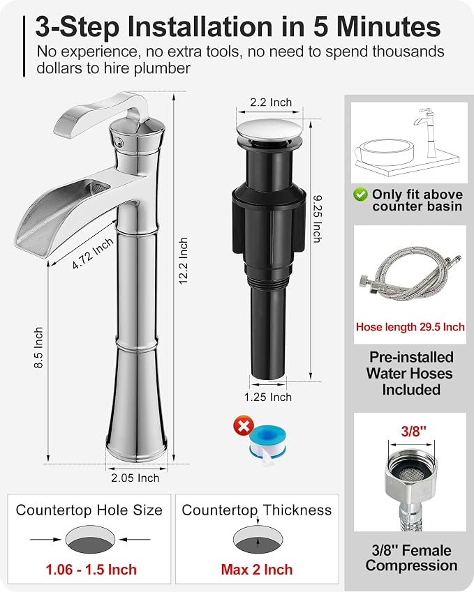 Brass Vessel Faucet, Waterfall Chrome Bathroom Faucet, Single Hole Tall Bathroom Faucets for Vessel Sinks, Single Handle Bathroom Sink Faucets with Pop-Up Drain & Supply Water Hoses, No Leaks