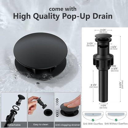 Matte Black Bathroom Faucet 3 Hole, 8 Inch Widespread 360° Swivel Waterfall Spout Two-Handle Bathroom Faucets with Water Hoses and Pop-up Drain for Sink Bath Vanity Lavatory VAL088BRH