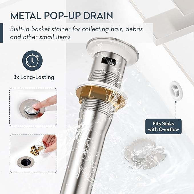 Single Hole Bathroom Faucet, Stainless Steel 1 Handle Vanity Sink Faucet with Metal Pop-Up Drain & Deck Plate for 1 or 3 Hole Sink, Brushed Finish