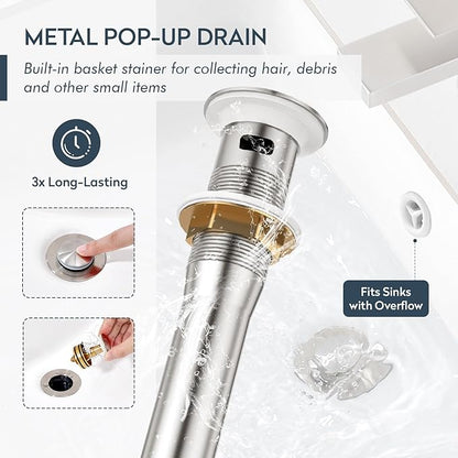Single Hole Bathroom Faucet, Stainless Steel 1 Handle Vanity Sink Faucet with Metal Pop-Up Drain & Deck Plate for 1 or 3 Hole Sink, Brushed Finish