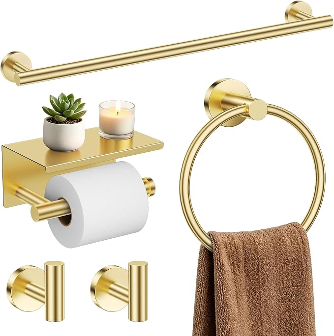 TURS Brushed Gold 5-Piece Bathroom Hardware Set Towel Bar Set SUS304 Stainless Steel Towel Racks for Bathroom Wall Mounted, 23.6-Inch
