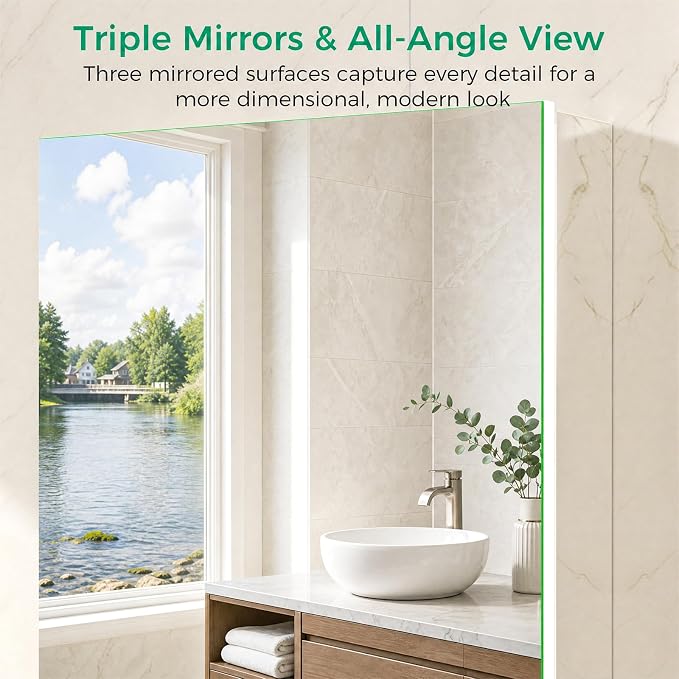 24 x 32 Aluminum Medicine Cabinet Mirror, Moisture & Rust Resistant Bathroom Wall Cabinet with Mirror, Recessed or Surface Mount with Adjustable Shelves, Tempered Glass & Soft Close Hinges