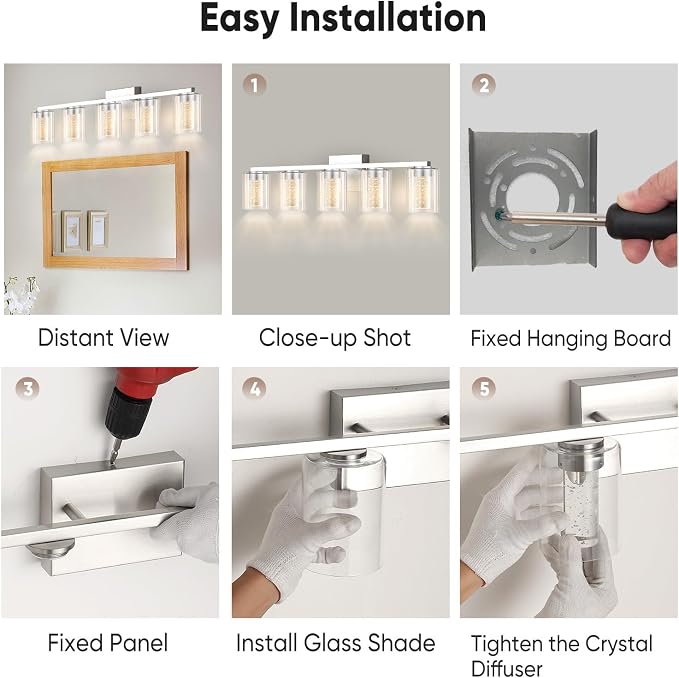LED Modern Bathroom Light Fixtures Over Mirror, 5-Light Brushed Nickel Vanity Lights with 5 Color Modes, Dimmable Bathroom Vanity Light with Crystal Bubble Glass, 2700K-6500K Adjustable, ETL