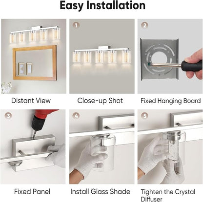 LED Modern Bathroom Light Fixtures Over Mirror, 5-Light Brushed Nickel Vanity Lights with 5 Color Modes, Dimmable Bathroom Vanity Light with Crystal Bubble Glass, 2700K-6500K Adjustable, ETL