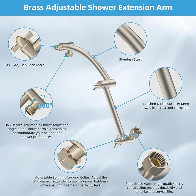 Hibbent 10'' Filtered Rain Shower Head, 16'' Extension Arm, Brushed Nickel | High Pressure Rainfall Showerhead, Brass Adjustable Shower Head Extension Arm, 20 Stage Shower Filter, Fixed Showerheads