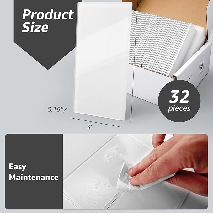 Art3d 4 Sq Ft Glass Backsplash Tiles, 32-Piece Glass Peel and Stick for Kitchen or Bathroom, 3" x 6" Subway White Backsplash Tiles