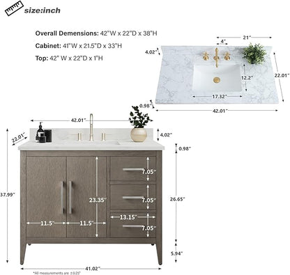 HomeBeyond 42 Inch Bathroom Vanity with Sink & Ceramic Top, Single Vanity Cabinet with Basin, Soft-Closing Door & Matts Black Hardware, Driftwood Gray