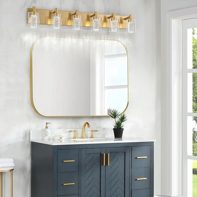 SineRise Vanity Light with 3 Color Modes (3000K/4000K/6000K), Eye Protection LED Bathroom Light Fixture, Dimmable Modern Wall Light Over Mirror with Clear Glass Shade (Gold, 6-Light)