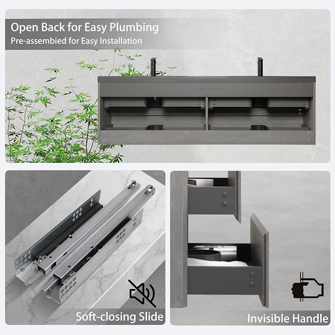 72 Inch Floating Bathroom Vanity with Double Sink, Modern Grey Wall Mounted Floating Vanity with Scratch-Resistant Quartz Sand Basin and 4 Soft Closing Drawers, Pre Assembled Bathroom Vanity