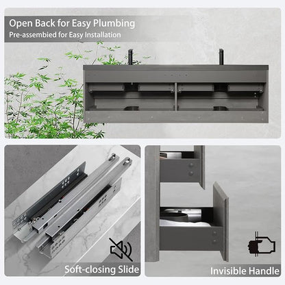 72" Floating Bathroom Vanity with Double Sink, Modern Wall-Mounted Bathroom Storage Vanity Cabinet with Two Black Quartz Sand Top Basins and Four Soft Close Drawers, Cement Grey