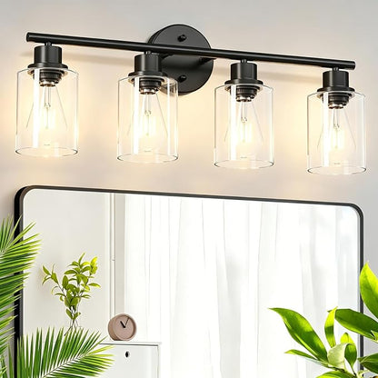 4-Light Black Bathroom Light Fixtures, E26 Modern Vanity Lights for Bathroom with Clear Glass Shade, Wall Lamps for Mirror Hallway Kitchen Cabinet Living Room Sconces Lights