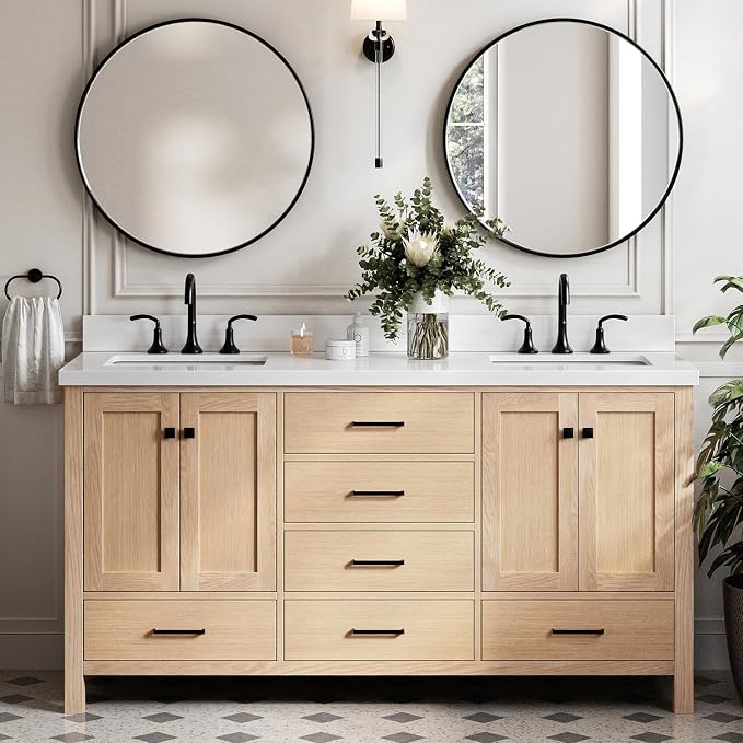 Beckford 66-Inch Oak Double Bathroom Vanity with Sink, Pure White Quartz Countertop & 4" Backsplash, Soft Closing Doors & Drawers, Matte Black Hardware