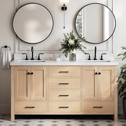 Beckford 66-Inch Oak Double Bathroom Vanity with Sink, Pure White Quartz Countertop & 4" Backsplash, Soft Closing Doors & Drawers, Matte Black Hardware