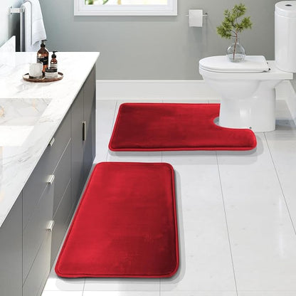 Clara Clark 2 Piece Bathroom Rugs, Velvet Memory Foam Bath Mat Set, Non-Slip Bath Rugs, Machine Wash, Dries Quickly, Ultra Soft Plush Bath Mats for Bathroom, 20 x 32 + Contour, Red