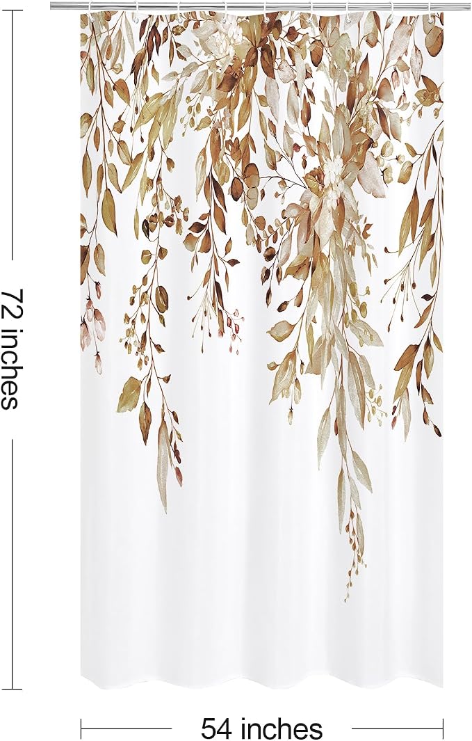Brown Eucalyptus Shower Curtain, Watercolor Floral Print, 54x72 | Watercolor Plant Leaves Floral Print, Stall Waterproof Fabric Bathroom Decor, Machine Washable, Rustproof Grommets