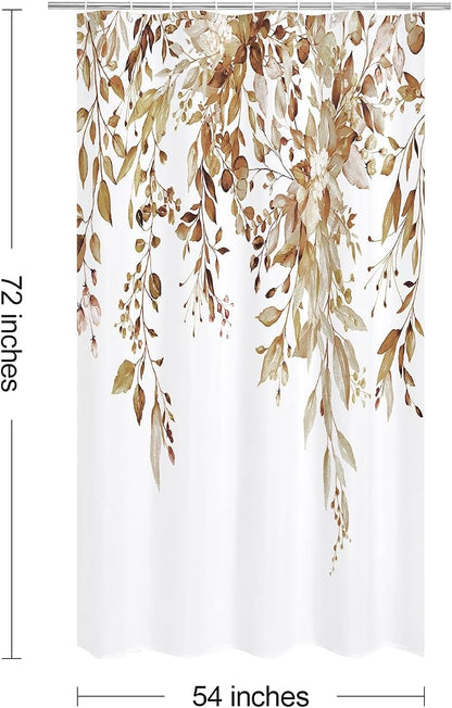 Brown Eucalyptus Shower Curtain, Watercolor Floral Print, 54x72 | Watercolor Plant Leaves Floral Print, Stall Waterproof Fabric Bathroom Decor, Machine Washable, Rustproof Grommets