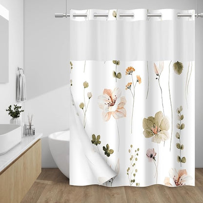 No Hook Floral Shower Curtain with Liner, Khaki, 71x74 | Snap in Liner, 3 in 1, Water Repellent, Easy Install, Machine Washable, Hotel Style for Bathroom, Watercolor Pattern