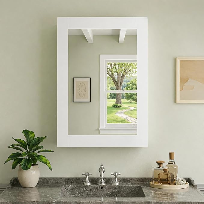 Buruis 20 x 28 Inch Bathroom Wood Medicine Cabinet Mirror, White | Fully Assembled Design, Adjustable Glass Shelves, Soft-Close Hinges, Bathroom Storage Organizer, Left/Right Opening