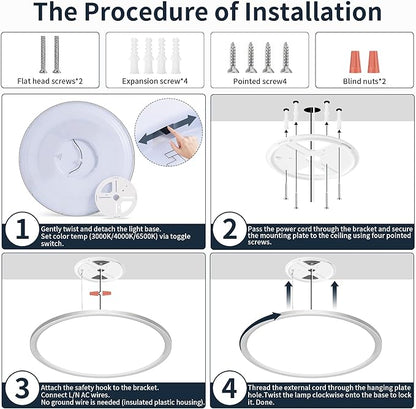 MOONSEA Flush Mount LED Ceiling Light Fixture Brushed Nickel 24 Inch, 50W Dimmable 3000K-4000K-6500K 3 Color Selectable Ceiling Lamp 5000LM Low Profile Ceiling Light for Kitchen Bedroom Hallway