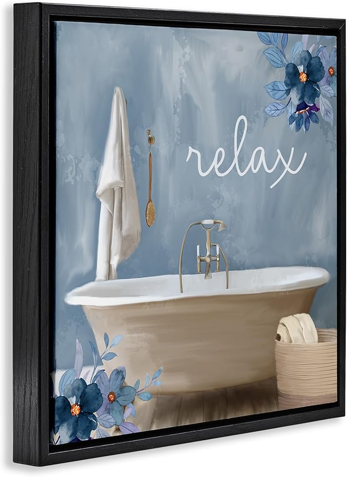 Blue Floral Bathroom Relax Scene, 17 x 17 Inch Canvas in Floater Frame | Stupell Industries · By Kim Allen · Ready to hang · Perfect for bath or laundry decor · Made in USA