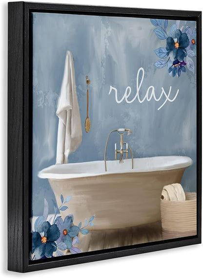 Blue Floral Bathroom Relax Scene, 24 x 24 Inch Canvas in Floater Frame | Stupell Industries · By Kim Allen · Ready to hang · Perfect for bath or laundry decor · Made in USA