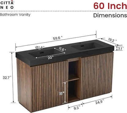 60" Bathroom Vanity with Double Sink, Freestanding Double Sink Bathroom Vanity with Black Engineered Stone Top, Open Storage Cabinet & Adjustable Shelf, 4 Soft-Closing Doors, Walnut