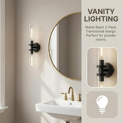 Wall Sconces Set of 2, Hardwired Bathroom Light Fixtures, Modern Bathroom Vanity Wall Lighting with Clear Glass Shade, Farmhouse Wall Sconce for Mirror Bedroom Hallway, Matte Black, E26 Base