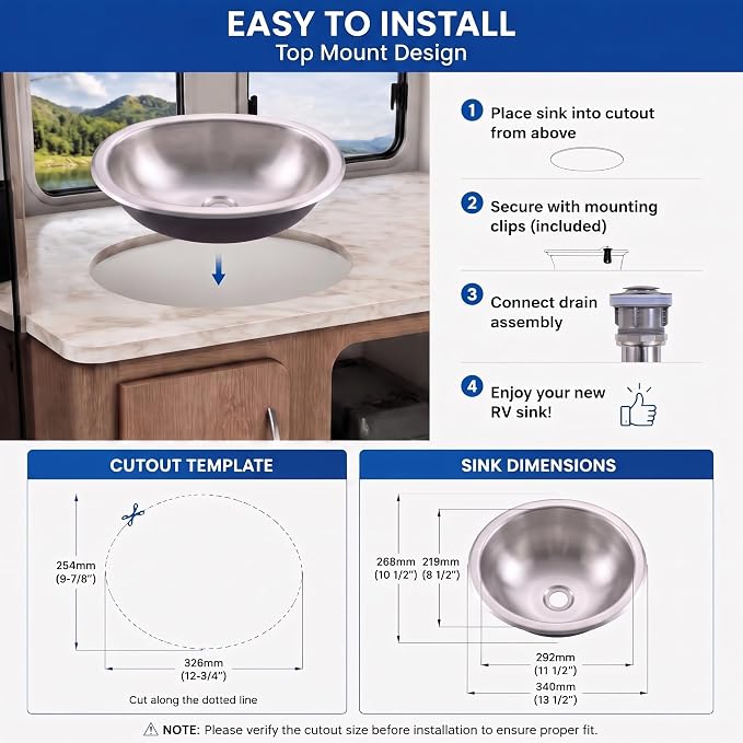 LQS Small RV Sink, 13.39 x 10.63 Inch Stainless Steel RV Bathroom Sink | Oval Small Sink for RV Bathrooms, Camper Kitchens and Bars, 5.12-Inch Depth with Stainless Steel Drain Assembly Included
