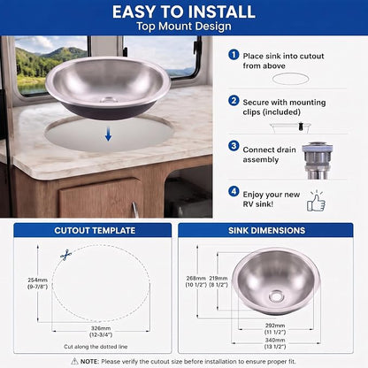 LQS Small RV Sink, 13.39 x 10.63 Inch Stainless Steel RV Bathroom Sink | Oval Small Sink for RV Bathrooms, Camper Kitchens and Bars, 5.12-Inch Depth with Stainless Steel Drain Assembly Included
