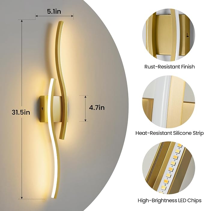 Gold LED Bathroom Vanity Lights: 31.5 Inch 20W Bathroom Lighting Fixtures Over Mirror 5CCT Dimmable 2700-5000K Vanity Lights Modern Bath Sconces Wall Light for Mirror Cabinets Bedroom Living Room